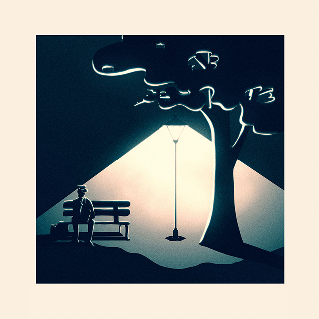 Album cover with a man sitting on a bench outside with street light shining bright making shadows