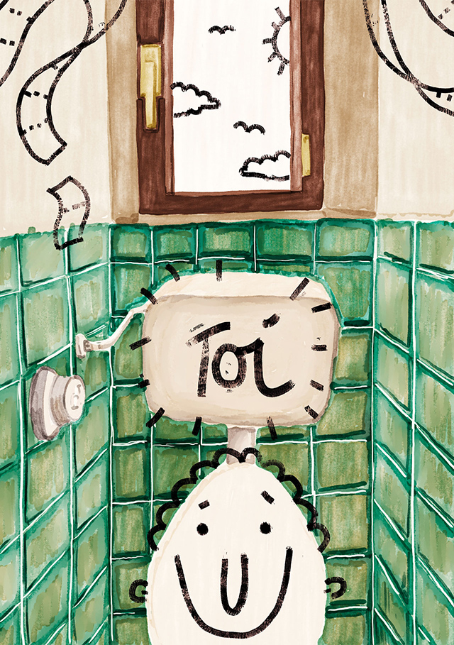 Illustrated toilet space with green tiles and 'toi' written overlay on toilet box
