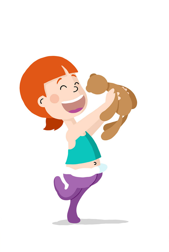 Illustrated girl character happy and dancing with her bear toy