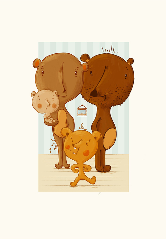 Illustrated bear family with one little bear singing at the front