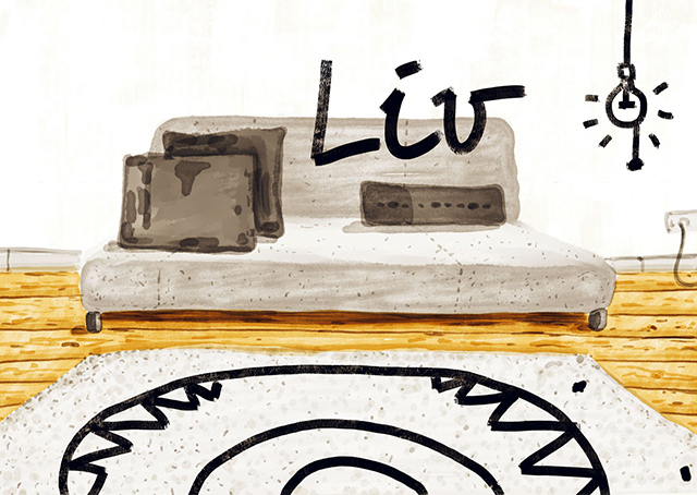 Illustrated living room with 'Liv' writing overlaid