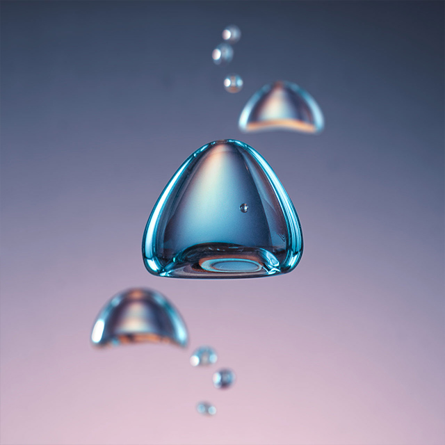 Album cover with triangle droplets in the middle, pink and blue hues