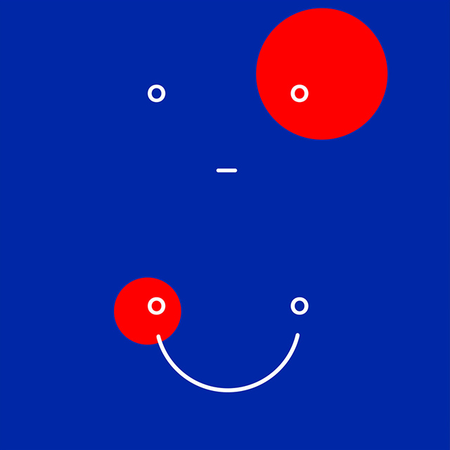 Album cover with blue background and two red dots and white lines making smile