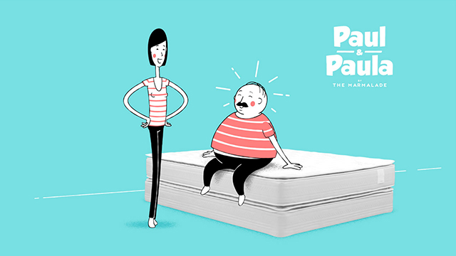 Paul & Paula illustrated characters with a mattress