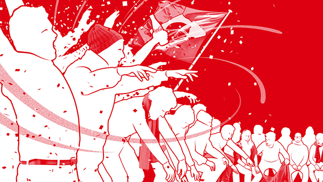 Illustrated people making a hand wave on a red background