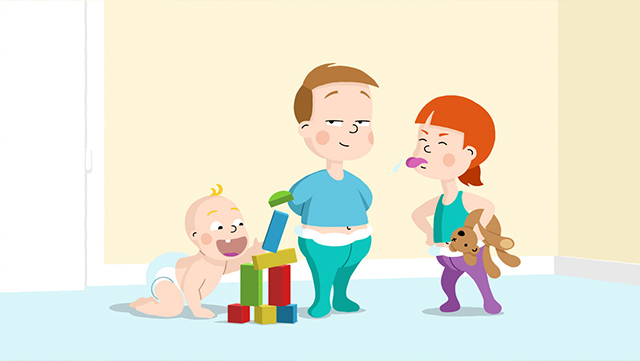 Illustration with baby stacking blocks with one boy and one girl character