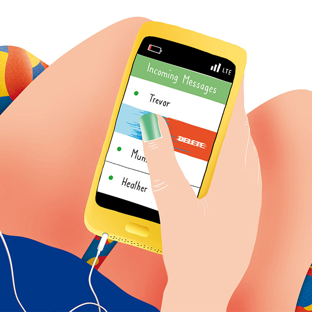 Illustration with woman holding a smart phone, deleting messages