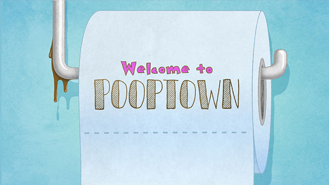 Toilet roll on stand with poop residue with text overlay - Welcome to Pooptown