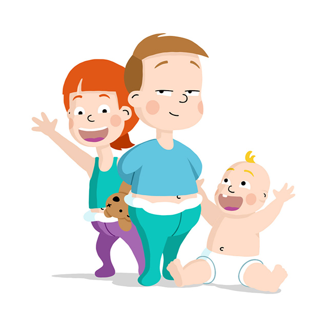 One girl and one boy with a baby cheering