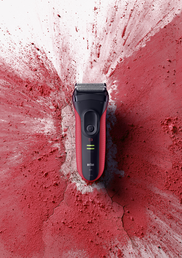 red shaver with red powder splash