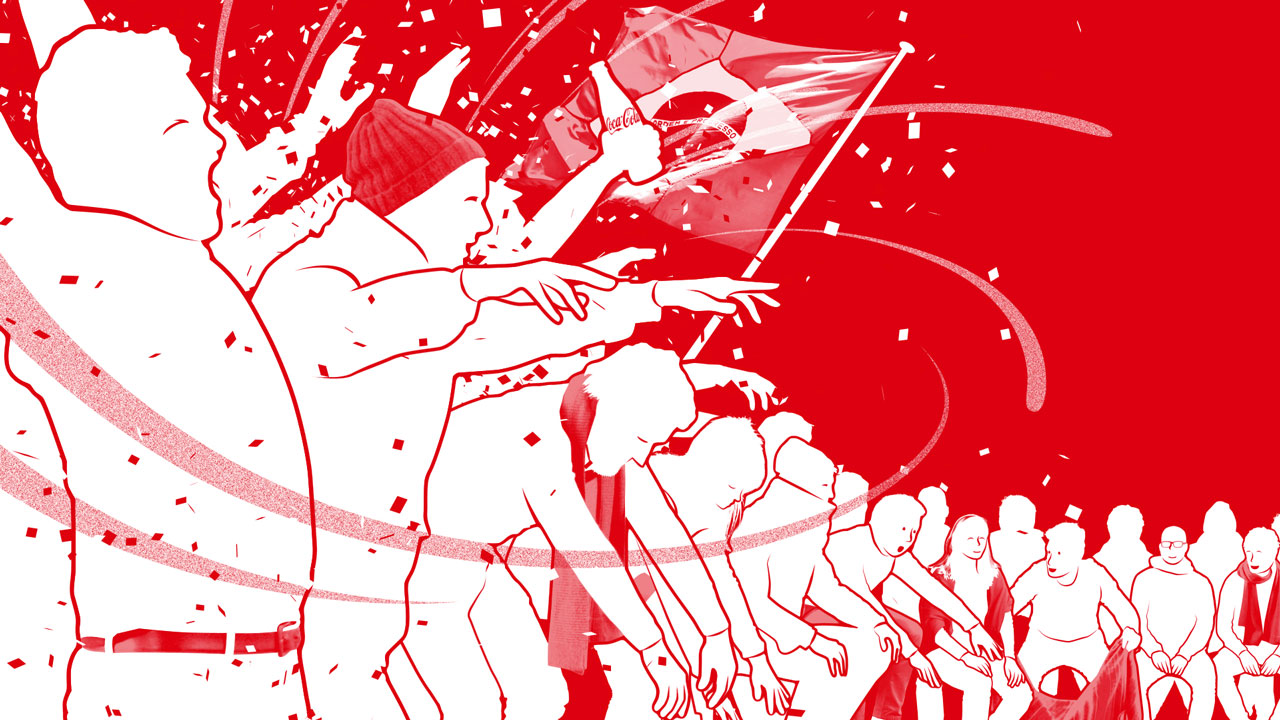 Illustrated people making a hand wave on a red background
