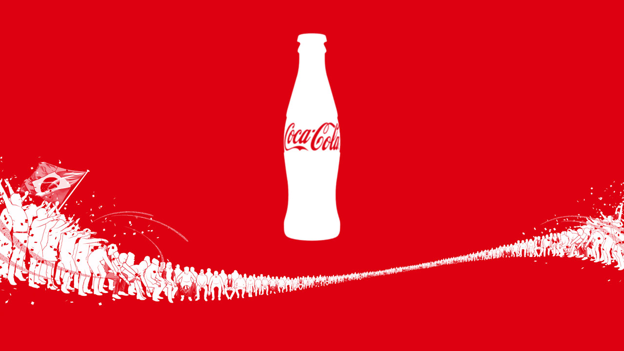 Coca-Cola bottle illustrated on red background with illustrated people