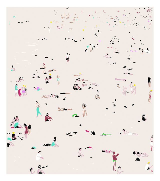 Abstract illustration of people on a beach from a far long angle