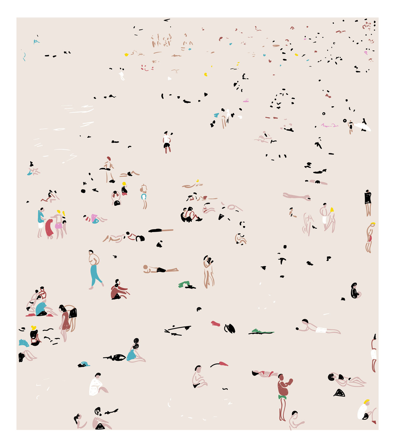 Abstract illustration of people on a beach from a far long angle