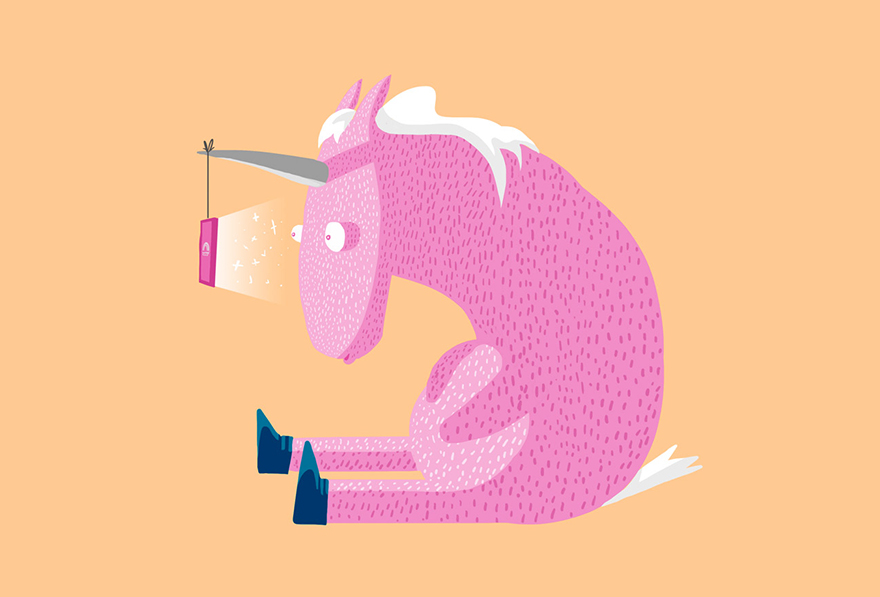Unicorn amazed with mobile phone hanging on his horn