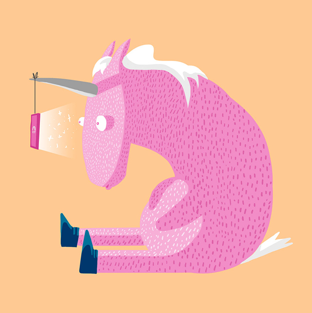 Unicorn amazed with mobile phone hanging on his horn
