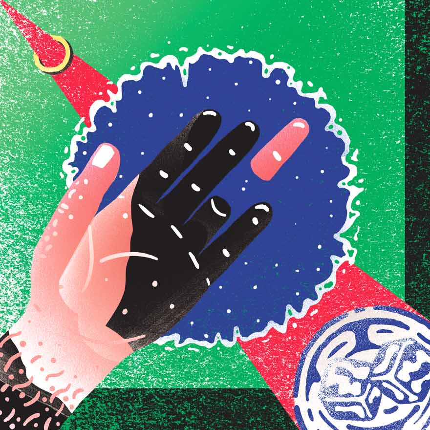 Illustration with spray paint texture and tip of the ring finger cut away