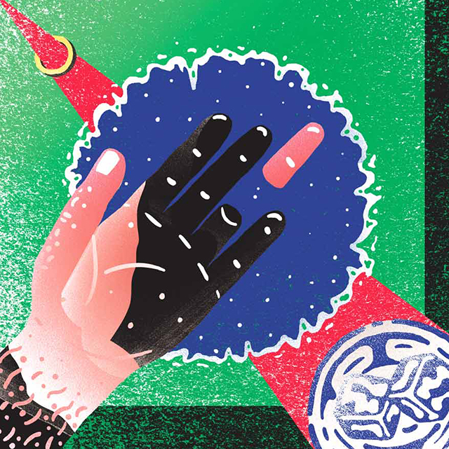 Illustration with spray paint texture and tip of the ring finger cut away
