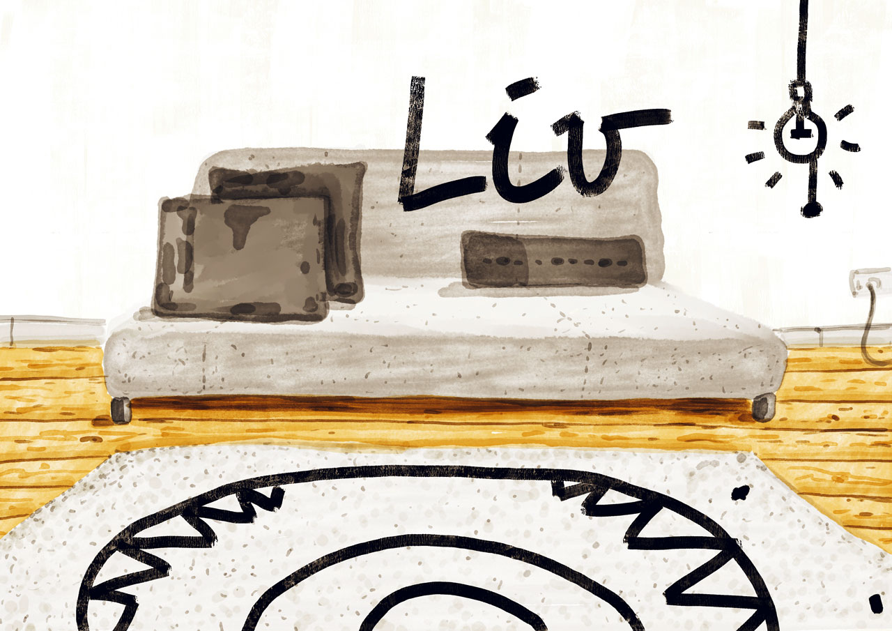 Illustrated living room with 'Liv' writing overlaid