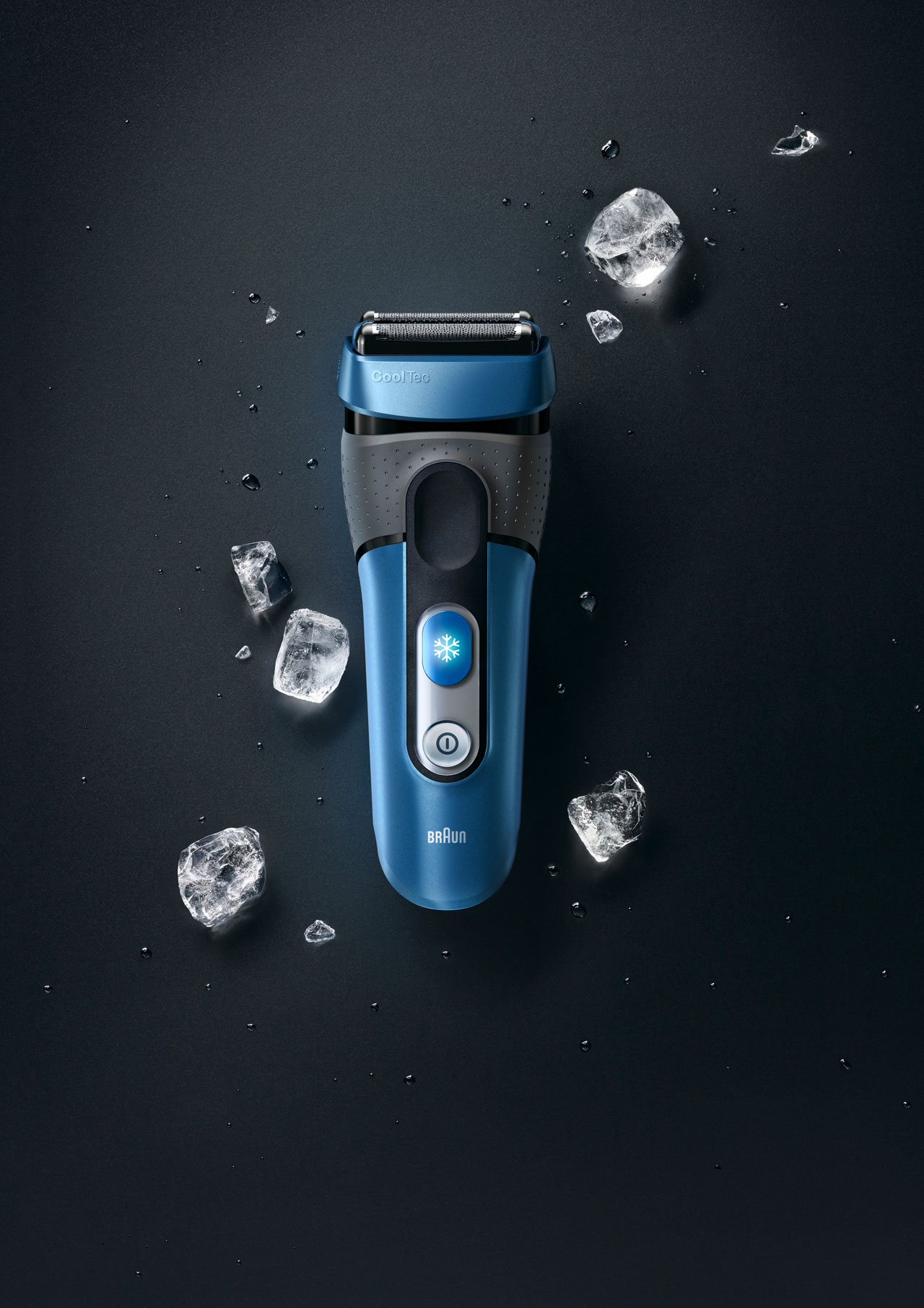 Black background with blue shaver and ice cubs around it