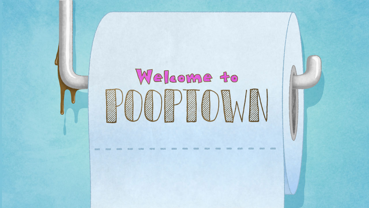 Toilet roll on stand with poop residue with text overlay - Welcome to Pooptown