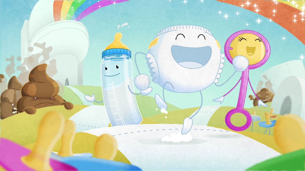 Illustrations with rainbows, baby bottle in character and poop character overlooking angry at them