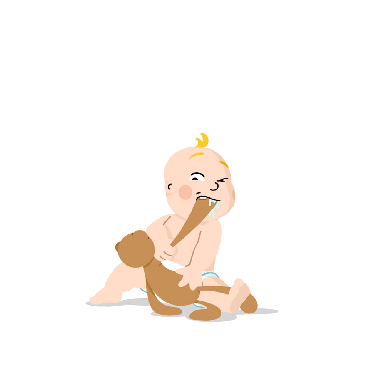 A baby bitting off a toy bear's hand