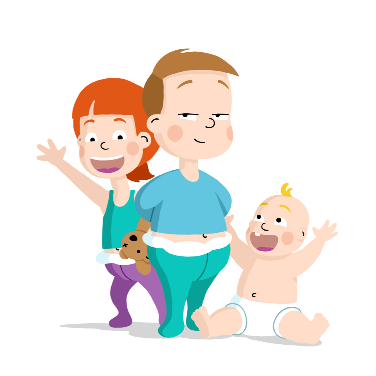 One girl and one boy with a baby cheering