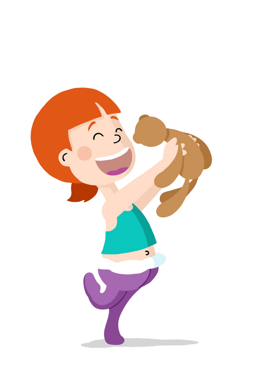 Illustrated girl character happy and dancing with her bear toy