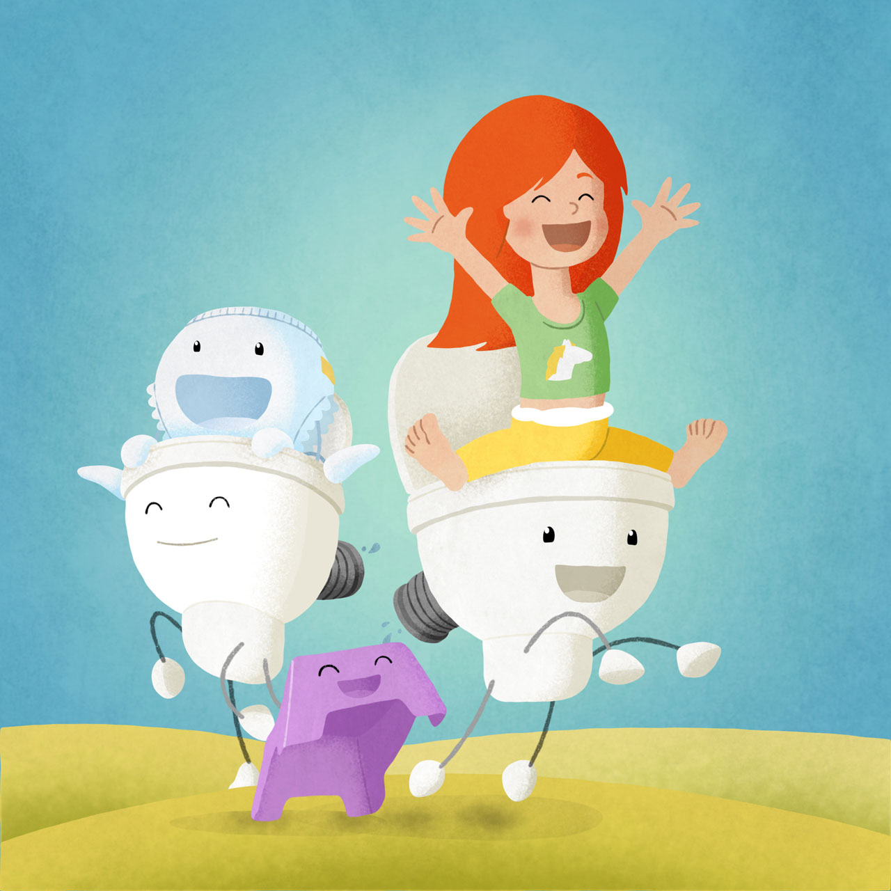 Red hair girl on a toilet characters cheering and being happy