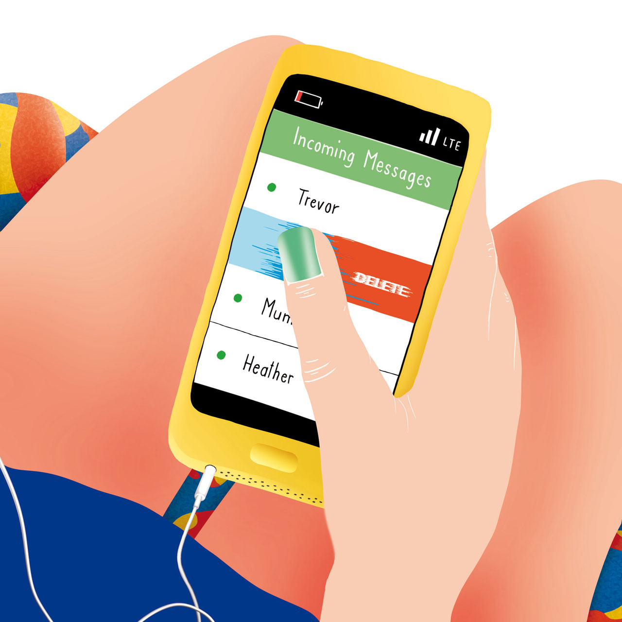 Illustration with woman holding a smart phone, deleting messages