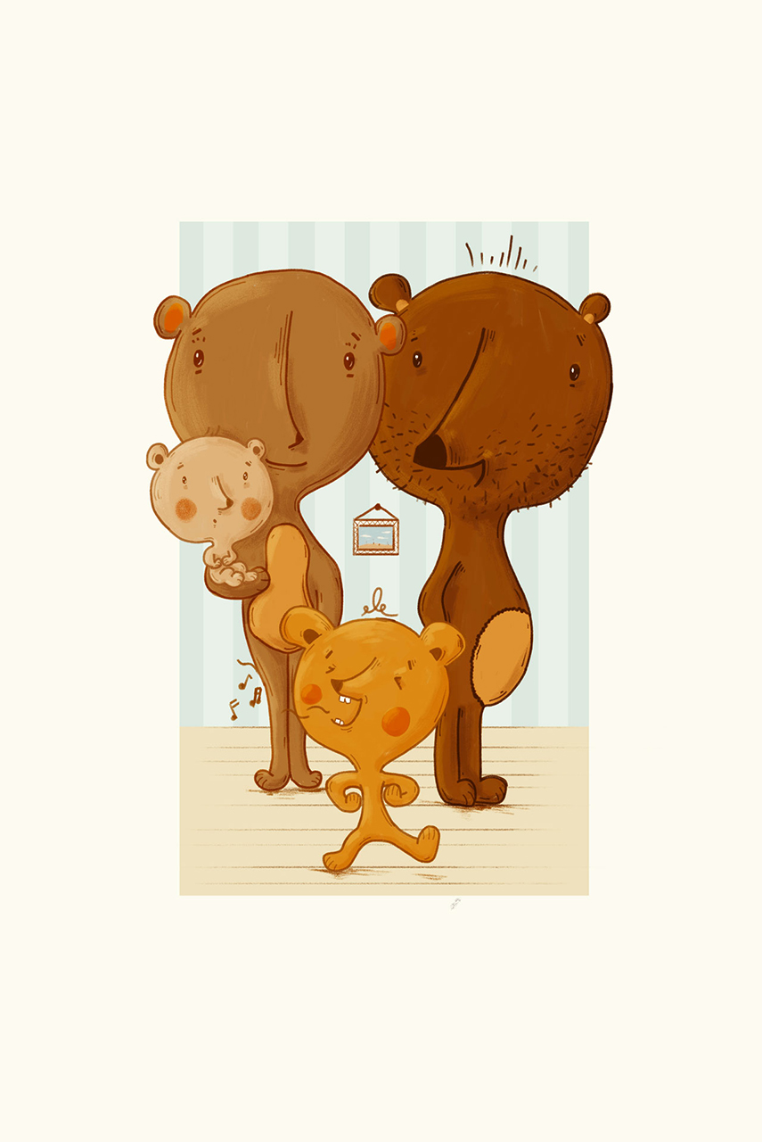 Illustrated bear family with one little bear singing at the front